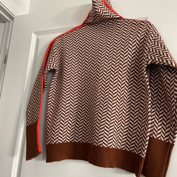 Women’s Pullover Sweater Size S Brown White Orange HighNeck Classic Herringbone - Picture 7 of 11